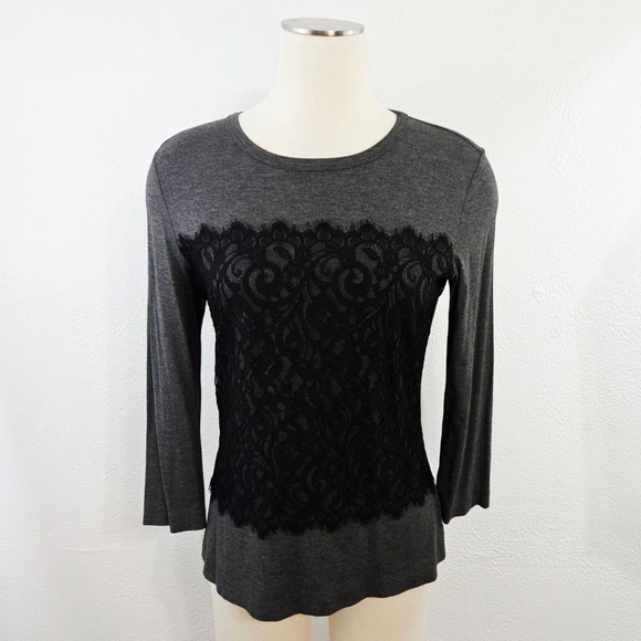St John black lace tee long sleeve crew dark gray nordstrom size small